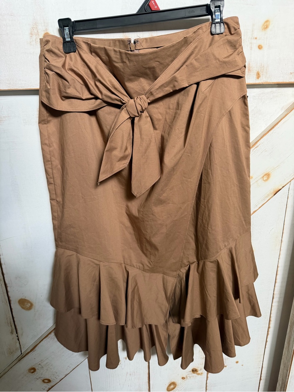 Worthington Tan Tie-Waist Midi Skirt with Ruffle Hem
